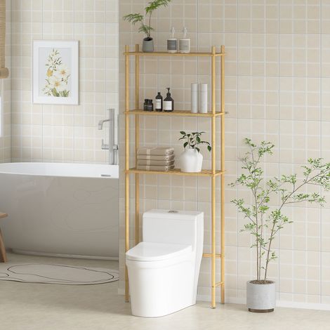 Mensola per WC, 3 ripiani, mensola da bagno, salvaspazio, legno naturale, 69 x 25,5 x 181 cm