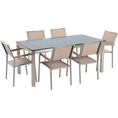 Set da Giardino Tavolo Piano in Vetro Nero e 6 Sedie Beige 180 x 90 cm Grosseto (1/5)