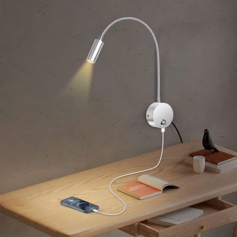 Lampe Chevet - LED 3 W - Température Couleur Réglable 3000-6000 K - Col De Cygne Pivotant 360° - Port USB 5 V/2 A - Argent - Pour Chambre À Coucher (1/5)