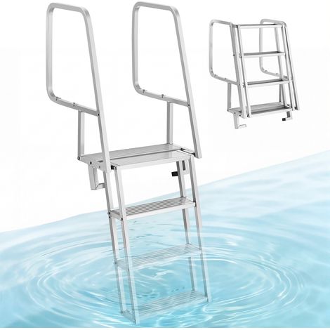 VEVOR Escalera de Muelle de Aleación de Aluminio 457 x 130 x 25 mm, Soporta 159 kg con 4 Peldaños Antideslizantes, Escalera de Pontón Abatible con Pasamanos, Cuerda, para Piscinas Embarcaciones Barcos (1/5)