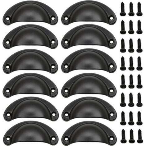 (Black) Set of 12 vintage shell handles, vintage iron door handles with screws for furniture, dressers and kitchen cabinets (1/5)