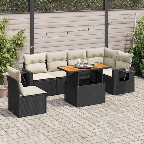 Ensemble salon jardin 7 pièces noir résine tressée avec coussins crème - Table réglable et structure modulaire pour terrasse (1/5)