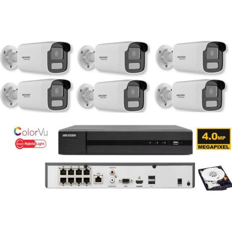 KIT videosorveglianza ip POE Hikvision Nvr 8 canali 4K 6 telecamere Smart Hybrid ColorVu 4 MP hdd 1TB