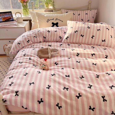 Bettwäsche 200x200cm Rosa Schwarz Gestreift mit Schleifen, 3-teilig Mikrofaser