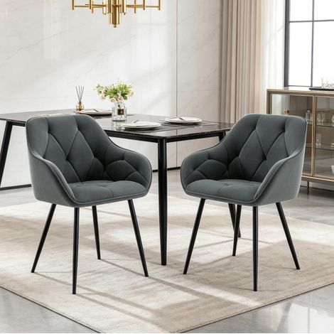 Juego de 2 sillas de comedor de terciopelo gris oscuro y metal con respaldo ergonómico (1/5)
