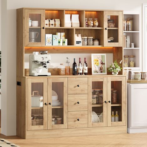Buffet haut de cuisine 150x40x173 cm, 6 portes acryliques, 3 tiroirs, vitrine, LED RGB, 2 prises, 2 ports USB et étagères réglables - Naturel (1/5)