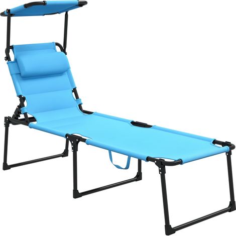 Hellblaue Gartenliege mit verstellbarem Sonnendach, 4-fach verstellbarer Rückenlehne und Kopfstütze für die Terrasse, 70 x 200 x 45 cm