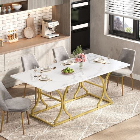 Table à manger 200 x 80 cm pour 8-10 personnes, MDF, blanc et or HAVRYA (1/5)