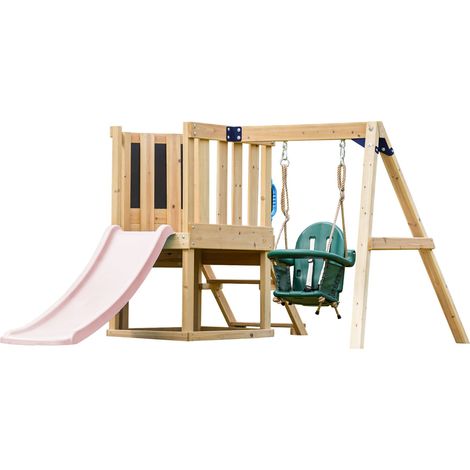 Axi Timo Mini Aire De Jeux - Toboggan Rose Pastel  Cabane Pour Enfant Avec Balançoire Pour Bébé, Mur D'Escalade Et Tableau Noir  Structure De Jeux Pour Le Jardin