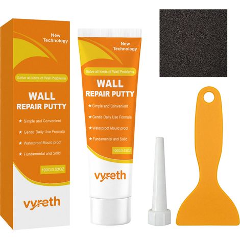 Pâte de réparation murale Vyreth, pâte multifonctionnelle pour réparer les fissures et les taches, 100 g x 1 + grattoir x 1 + papier de verre x 1 + bouchon applicateur x 1 (1/5)