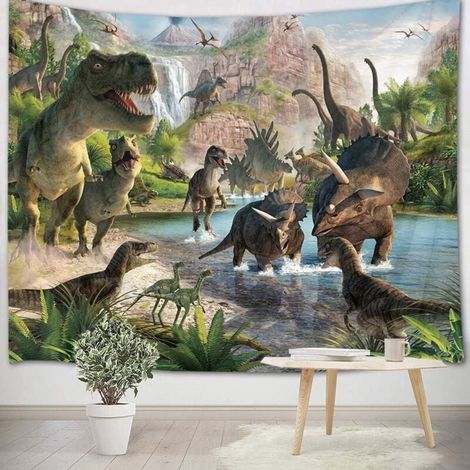 Dinosaure tapisserie murale tenture murale animal ancien tissu forêt montagne prédateur enfants chambre salon dortoir décoration murale anniversaire fond, 180x120 (1/4)