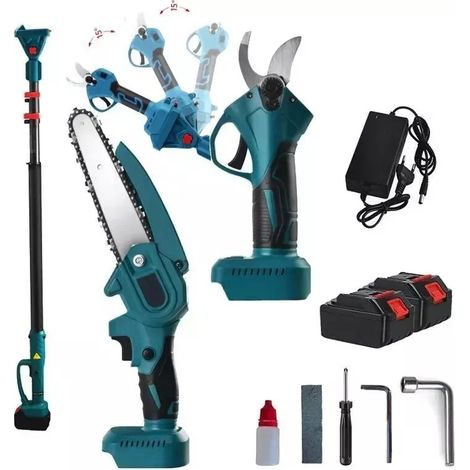 Kit potatura cesoia forbice + mini sega 6 pollici 2 batterie con asta telescopica snodo 175° (1/5)