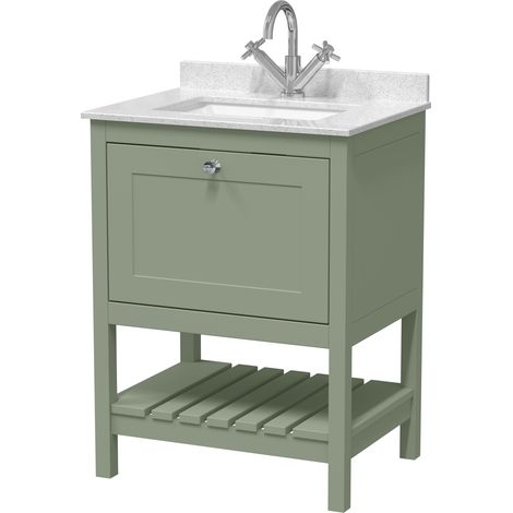 Balterley Coppenhall Traditional Bathroom 1 Soft Close Drawer Floor Standing Vanity Unit Marble Top Basin, Fern Green/White, 620mm (1/4)