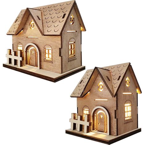 Lot de 2 maisons en bois décoratives de Noël avec éclairage LED, maisons miniatures pour village de Noël à monter soi-même, décoration de table, articles de Noël. (1/5)