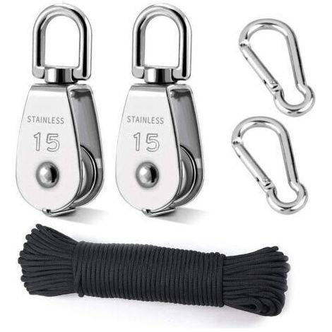 Heberolle, 2 Stück 15-mm-Rolle aus Edelstahl 304, 2 Stück M15-Einzelrolle, für Seile und Kabel, mit 8-mm-Kletterseil (20 m).