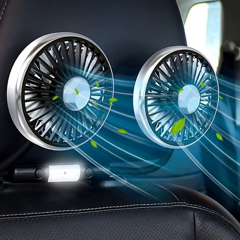 Ventilateur de voiture pour siège arrière, double tête, 12 V, rotation à 360 °, USB, avec 3 vitesses et 2 niveaux de luminosité, lumière LED (1/4)
