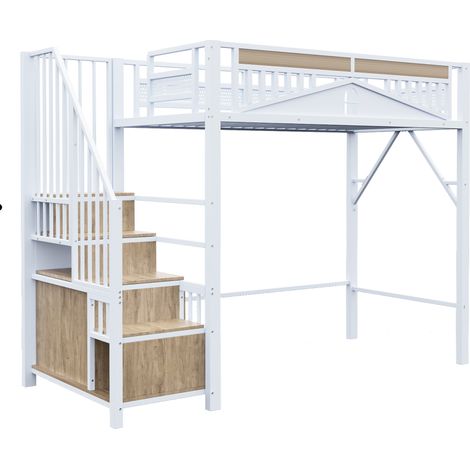 Metall-Hochbett 90 x 200 cm weiß mit Stauraumtreppe (1/5)