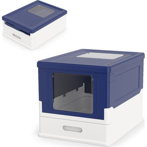 Bac à litière pliable avec accès double 50 x 37,5 x 36,5 cm nettoyage facile design moderne en PP bleu