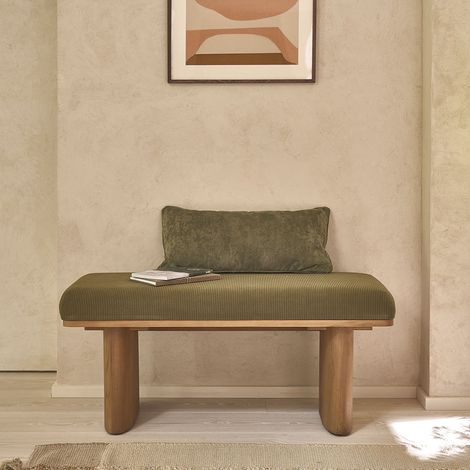 Banc en teck massif et tissu velours cotelé vert 100 cm (1/5)