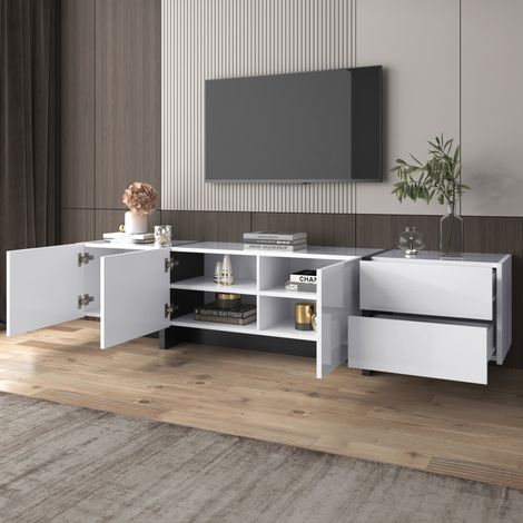 DESMIU Meuble TV 190 cm avec 3 portes et 2 tiroirs, étagères intérieures, finition brillante, pour salon, blanc et noir (1/5)