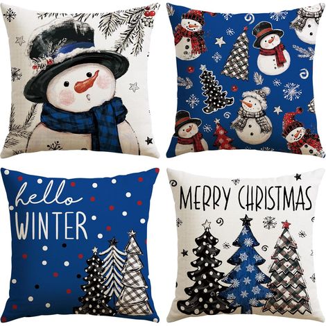 Fundas decorativas navideñas para cojines, 45x45 cm (juego de 4), estilo rústico, color azul, para sofá, cama o sillón. Ideales para la temporada navideña. (1/5)