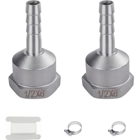 Lot de 2 Raccords de Tuyau en Acier Inoxydable Avec Filetage Intérieur, Raccord pour Tuyau, Douille de Tuyau en Acier Inoxydable pour Eau, Gaz, Air (1/2"IGx8mm) (1/5)