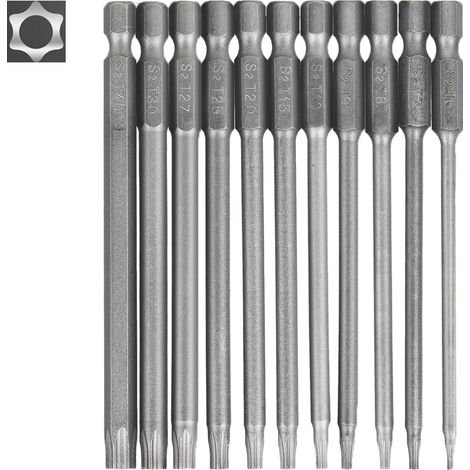 Set mit 11 langen Torx-Bits für Schraubendreher und Bohrmaschinen – 100 mm magnetische Torx-Bits mit 1/4"-Sechskantschaft, Größen T6 bis T40, geeignet für Bohrmaschinen und Werkzeuge (1/5)