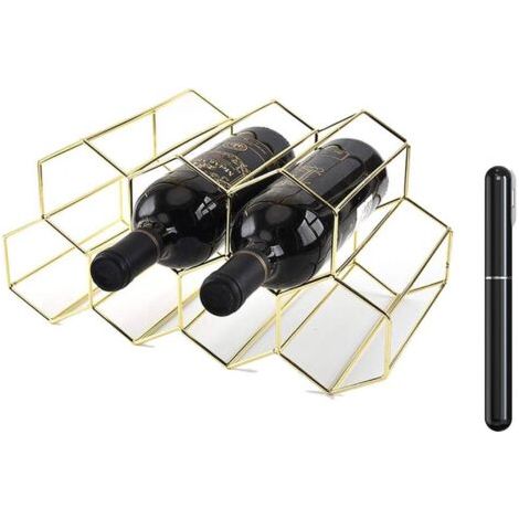 Casier à vin en métal pour 9 bouteilles avec tire-bouchon, support de rangement pour bouteilles de vin sur pied, design géométrique, support de rangement pour bouteilles de vin (or)