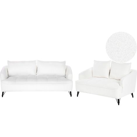 Ensemble de Salon en Bouclé Canapé 2 et 3 Places Blanc Hobro