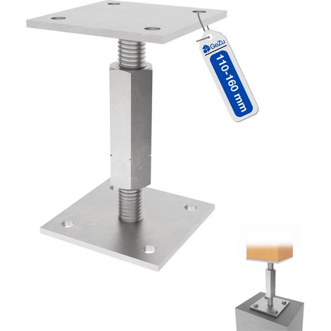 Pied de poteau carré réglable galvanoplastie 70 x 70 mm – hauteur ajustable 110 à 160 mm avec platine bois pour clôtures – GeZu Impex