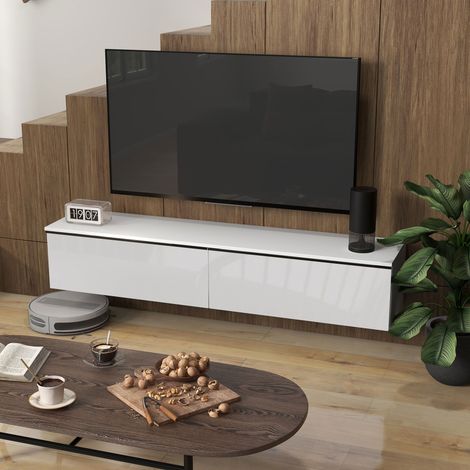 Meuble TV mural blanc suspendu pour téléviseurs jusqu'à 70 pouces avec rangement, finition laquée brillante, style moderne et minimaliste. (1/5)