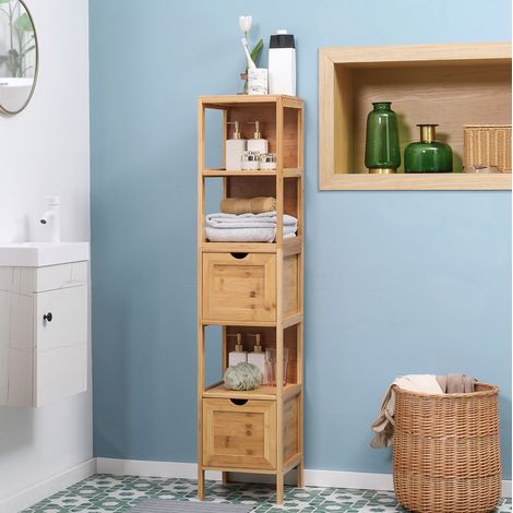 Mobile bagno in bambù, 3 vani e 2 cassetti, 30 x 30 x 140 cm, naturale DESVIAE (1/5)