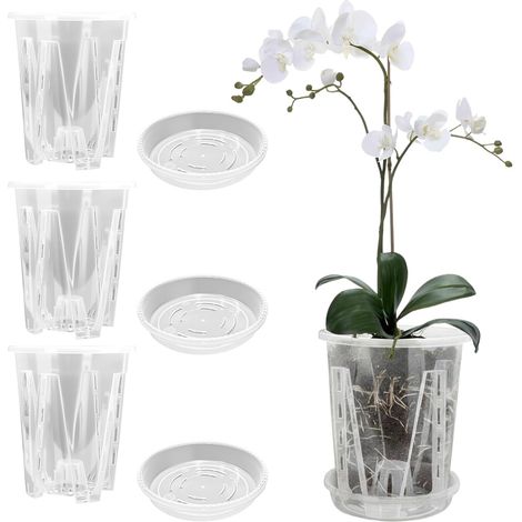Lot de 3 Pots à orchidées Transparents en Fleur Plastique, Pot orchidée avec Trous de Drainage, perméables à l'air pour Plantes et Fleurs en intérieur et en extérieur (14 cm + Plateau) (1/5)