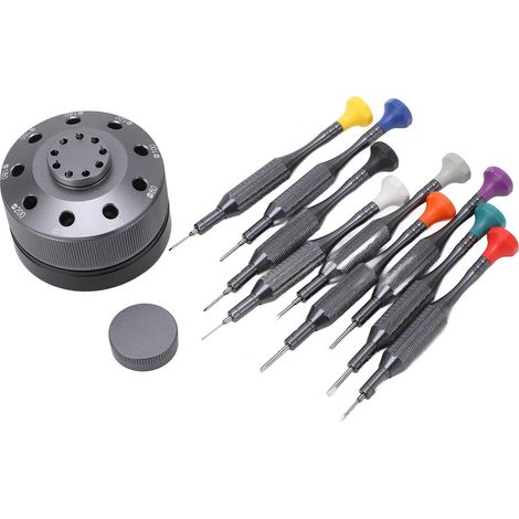 Kit de 10 tournevis multifonctionnels pour l'entretien de montres, avec base rotative stable et de différentes couleurs. (1/5)