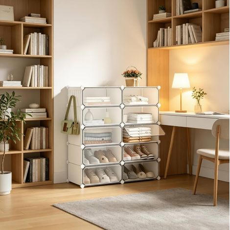 Armoire à chaussures modulable 40x30x170 cm en métal blanc, gain de place pour entrée FloraGrace (1/5)