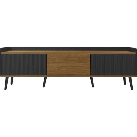 TV-Lowboard mit 3 Türen, 160 x 39 x 49,5 cm, Schwarz und Naturholz (1/5)
