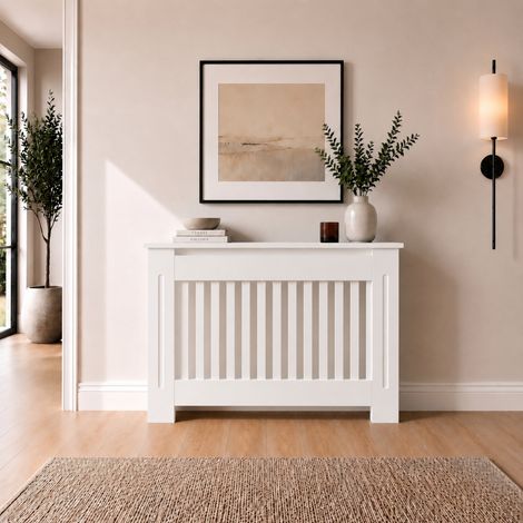 Radiator Cover Medium White Modern Vertical Slat MDF Cabinet with Display Shelf 1120x815x190mm (1/5)