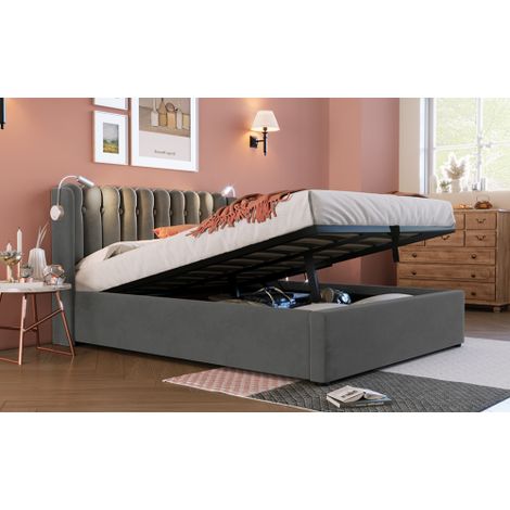 Polsterbett Einzelbett Leselicht mit Ladefunktion Kopfteil Stauraum Bettgestell Samt Jugendbett lattenrost(Ohne Matratze)
