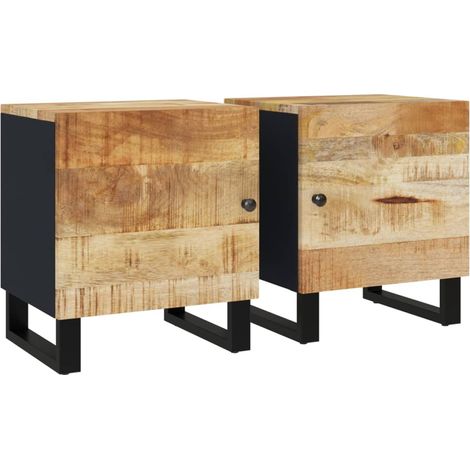 Lot de 2 tables de chevet avec compartiment avec porte 40 x 33 x 46 cm bois de manguier et fer noir DEC034779