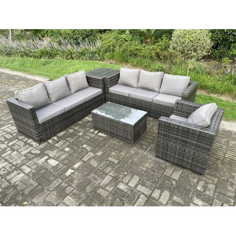 Fimous Wicker PE Rattan Sofa Set Outdoor Patio Garden Furniture with Armchair Side Table Oblong Coffee Table Dark Grey Mixed (1/5)