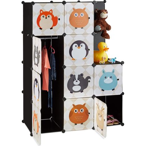 Étagère Rangement Enfants casier modulable Plastique Animaux penderie Armoire Portes Tringle, coloré (1/5)