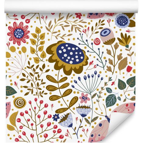 Papier peint fleuri blanc, crème, corail et beige pour salon et chambre 50x1000 cm (1/5)