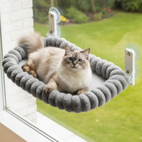 Hamac Chat Fenetre avec 4 Ventouses, Perchoir Chat Fenetre, Lit Peluche Pliable et Réversible, Cadre Acier Épais Solide, Facile à Démonter, Supporte jusqu'à 18kg, M(52x30cm), Gris (1/5)