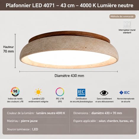 Plafonnier LED 43 cm lumière neutre travertin jaune bois massif wabi-sabi salon chambre IRC 80-90 3 kg – Livraison gratuite