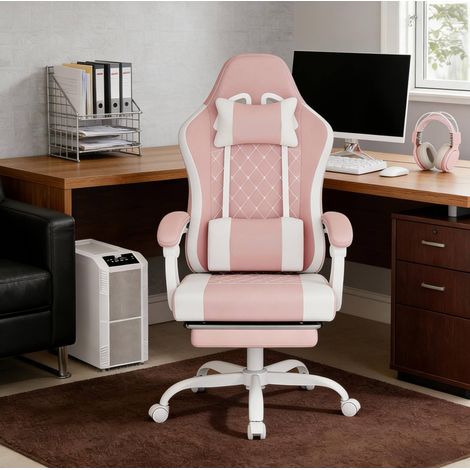 Silla gaming ergonómica con masaje rosa blanco OKMYHOME (1/5)