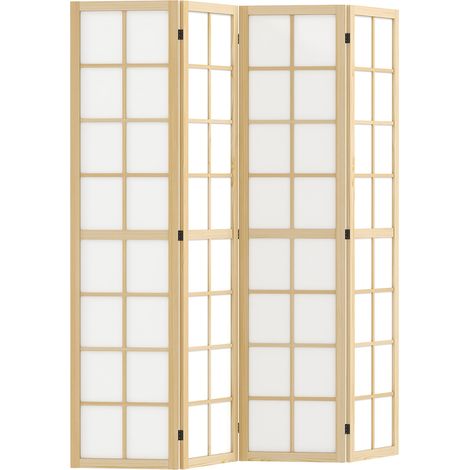 Paravent d'intérieur pliable à 4 panneaux en bois et tissu, 160 x 170 cm, coloris bois et blanc (1/5)