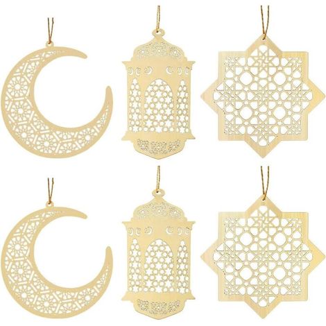 6 pièces en bois ornements Eid Al-Fitr, décorations Eid ornement bricolage avec pendentifs ornement vent lune pour musulman Eid Mubarak (1/4)