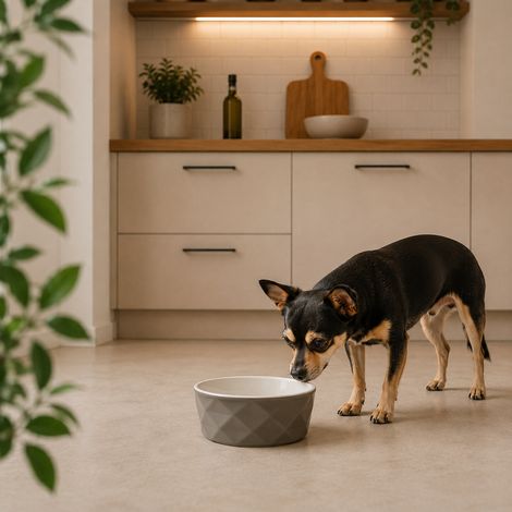 belviona Futternapf für Hunde, Keramiknapf mit rutschfestem Silikonboden, für Nassfutter, Trockenfutter & Wasser, 350 ml, dunkelgrau/hellgrau matt (1/4)