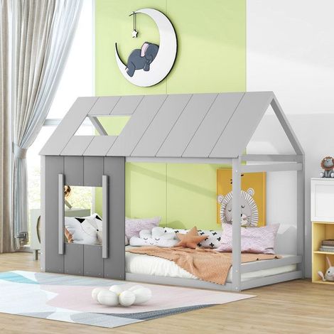 Lit bébé 90 x 200, lit bébé en forme de maison, lit plat avec toit et fenêtre, gris foncé + gris clair (ETA :12/8)