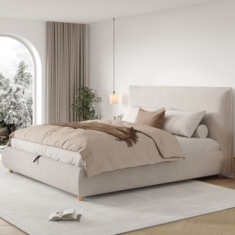 Letto matrimoniale 180x200 cm crema in velluto con contenitore idraulico e rete a doghe (1/5)